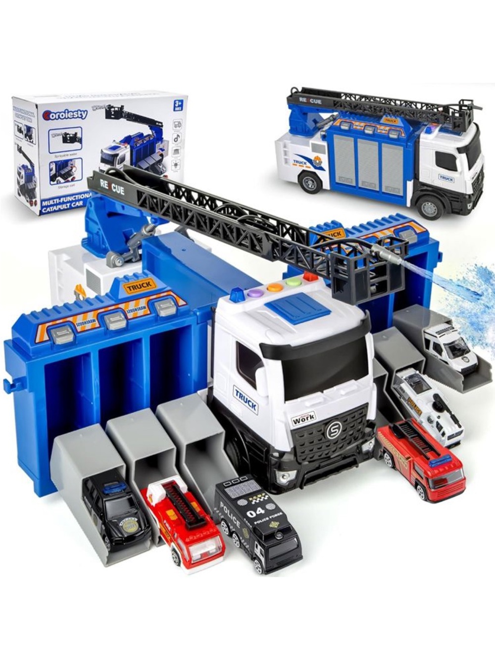 Kids Rescue Truck Playset with 6 Mini Vehicles - Blue & White